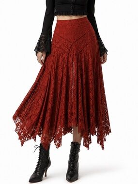 Jessica Burnt Orange Lace Handkerchief Hem Maxi Skirt Sz 10 Y2K Boho Broomstick